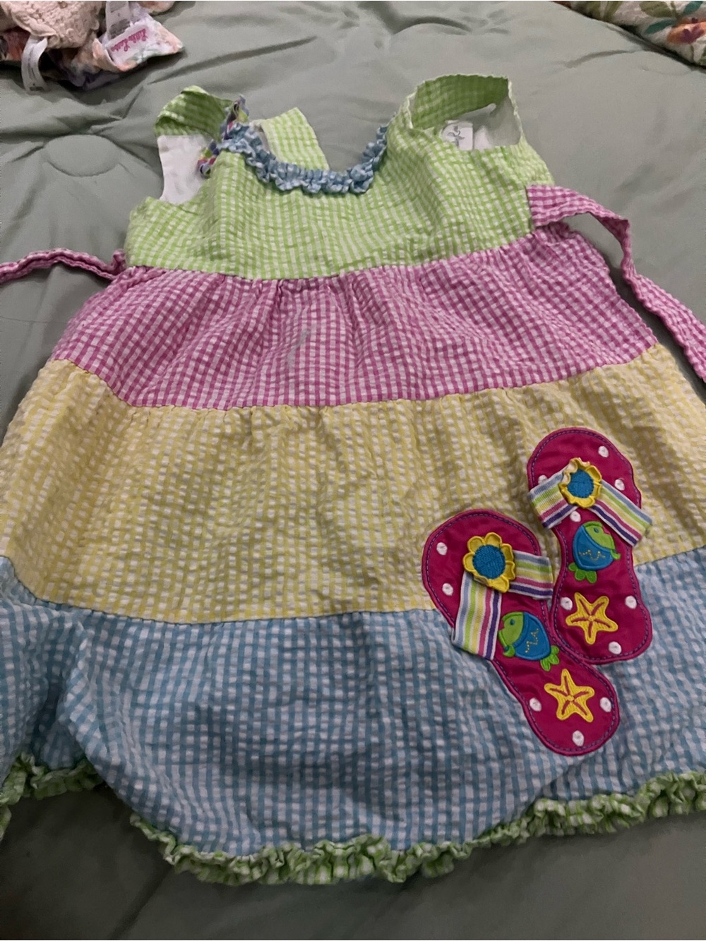 Nina Girls Multi-Color Seersucker Tiered Sundress with Flip-Flop Appliqué